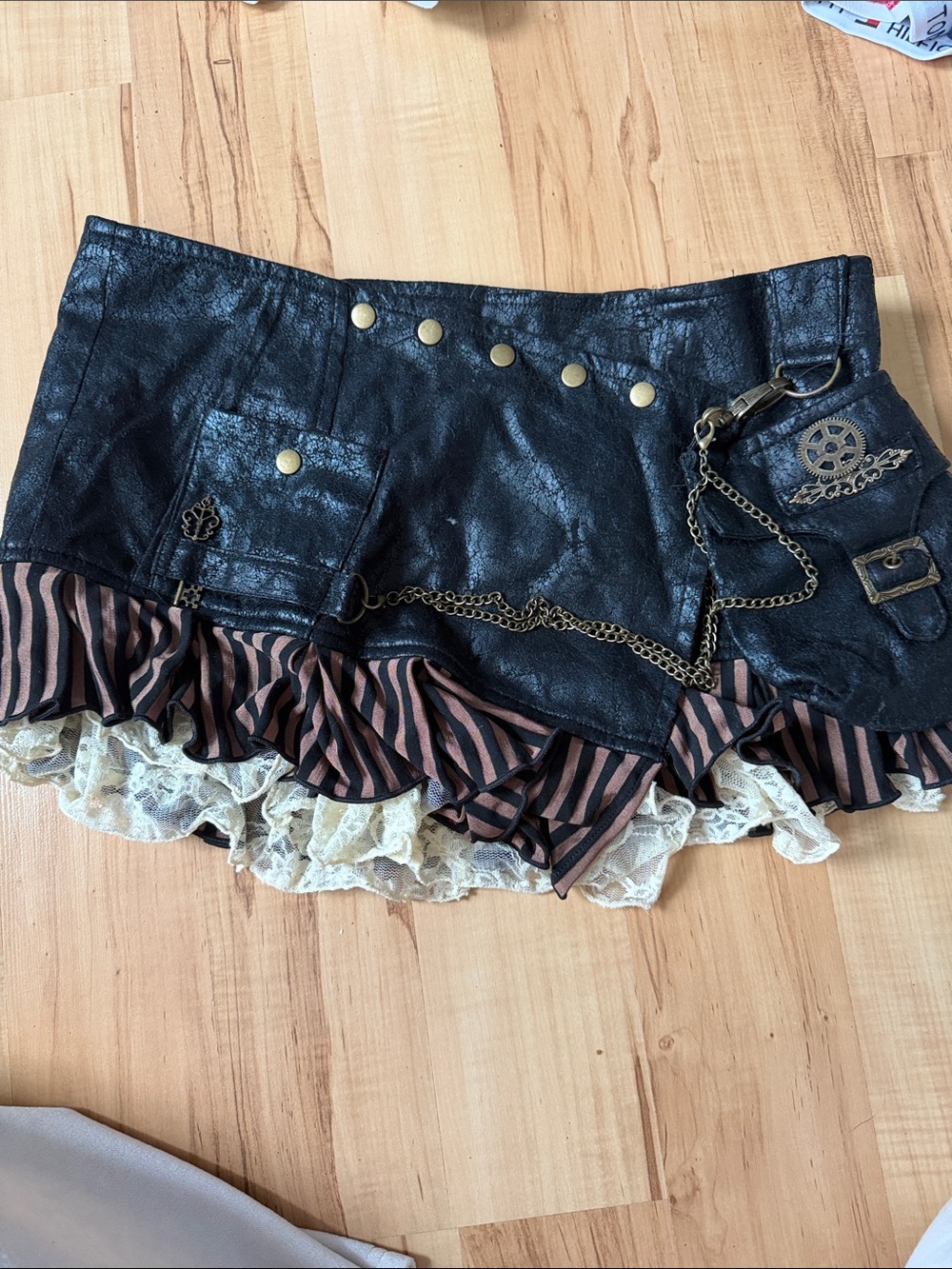 Spirit Black Mini Skirt with Brown Striped Ruffle and Cream Lace